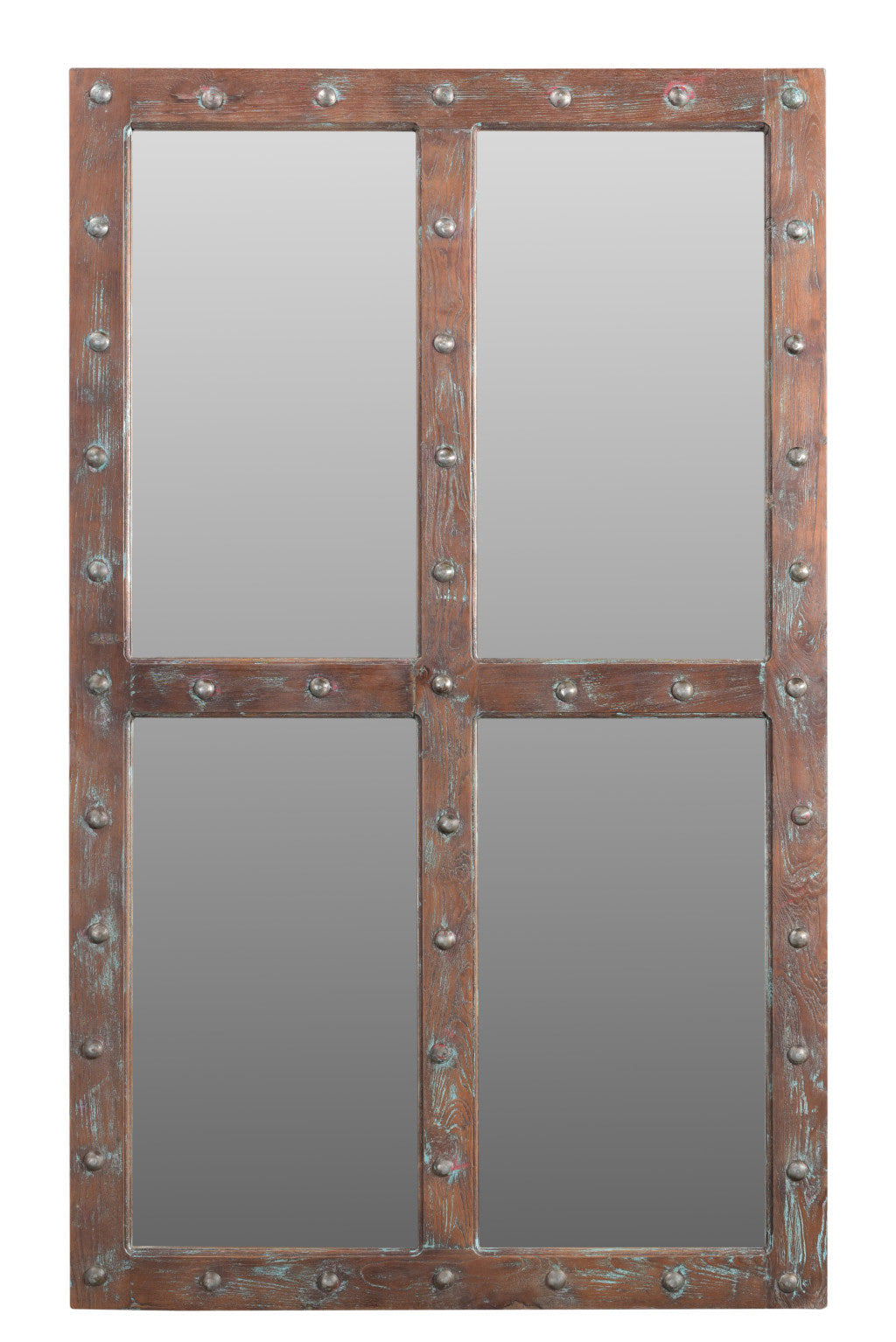 60" Wood Brown Rustic Solid Wood Window Pane Framed Accent Mirror