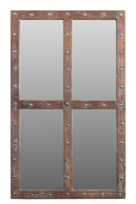 60" Wood Brown Rustic Solid Wood Window Pane Framed Accent Mirror
